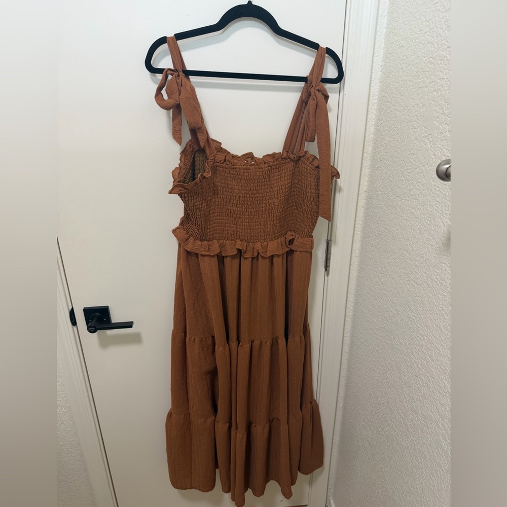 Brown Smocked Midi Dress